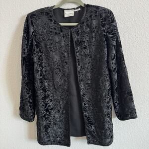Frank Usher Size Small Black Velvet Burnout Beaded Open Jacket Black Tie Party